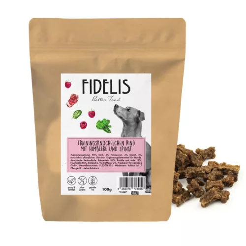 Marhás tréningsnack málnával és spenóttal 100g/ FIDELIS
