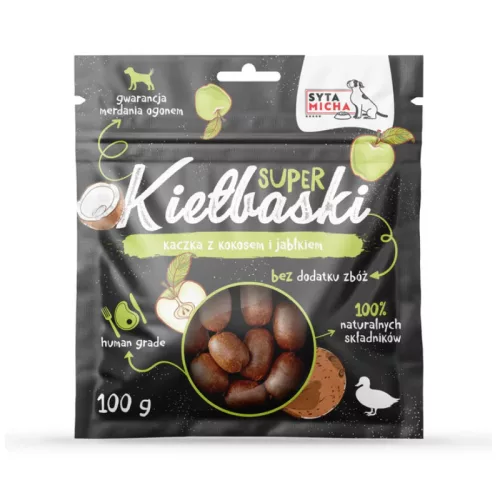 Szuper kolbászkák kutyáknak kacsával, kókuszdióval és almával 100g / Syta Micha