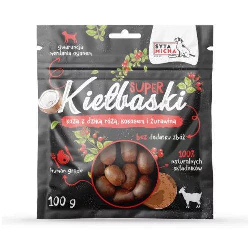 Szuper kolbászkák kutyáknak kecskével, vad rózsával és kókuszdióval 100g / Syta Micha