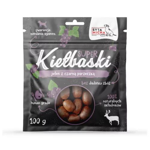 Szuper kolbászkák kutyáknak szarvassal és fekete ribizlivel 100g / Syta Micha